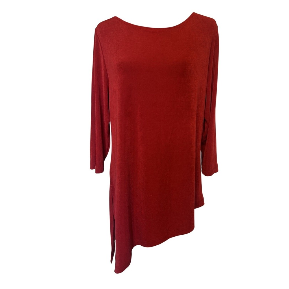 Travelers by Chicos Red 3/4 Sleeve Blouse Size Large Bi Level Hem Vintage